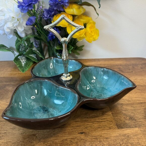 Mid‎ Century Drip Glaze Tri-Leaf Snack Dish Retro Teal Brown Pottery Handle Tray - Picture 1 of 6